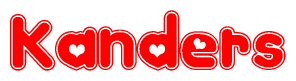 The image is a red and white graphic with the word Kanders written in a decorative script. Each letter in  is contained within its own outlined bubble-like shape. Inside each letter, there is a white heart symbol.