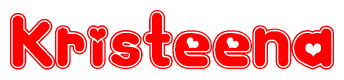 The image is a red and white graphic with the word Kristeena written in a decorative script. Each letter in  is contained within its own outlined bubble-like shape. Inside each letter, there is a white heart symbol.