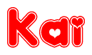 The image is a red and white graphic with the word Kai written in a decorative script. Each letter in  is contained within its own outlined bubble-like shape. Inside each letter, there is a white heart symbol.