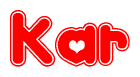 The image is a red and white graphic with the word Kar written in a decorative script. Each letter in  is contained within its own outlined bubble-like shape. Inside each letter, there is a white heart symbol.