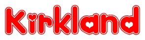 The image is a red and white graphic with the word Kirkland written in a decorative script. Each letter in  is contained within its own outlined bubble-like shape. Inside each letter, there is a white heart symbol.