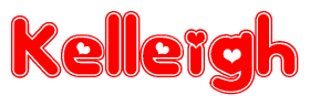 The image is a red and white graphic with the word Kelleigh written in a decorative script. Each letter in  is contained within its own outlined bubble-like shape. Inside each letter, there is a white heart symbol.