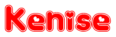The image is a red and white graphic with the word Kenise written in a decorative script. Each letter in  is contained within its own outlined bubble-like shape. Inside each letter, there is a white heart symbol.