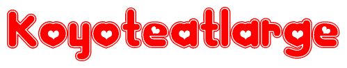 The image is a red and white graphic with the word Koyoteatlarge written in a decorative script. Each letter in  is contained within its own outlined bubble-like shape. Inside each letter, there is a white heart symbol.