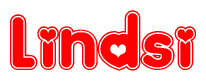 The image is a red and white graphic with the word Lindsi written in a decorative script. Each letter in  is contained within its own outlined bubble-like shape. Inside each letter, there is a white heart symbol.