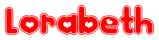 The image is a red and white graphic with the word Lorabeth written in a decorative script. Each letter in  is contained within its own outlined bubble-like shape. Inside each letter, there is a white heart symbol.