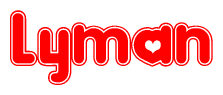 The image is a red and white graphic with the word Lyman written in a decorative script. Each letter in  is contained within its own outlined bubble-like shape. Inside each letter, there is a white heart symbol.