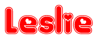 The image is a red and white graphic with the word Leslie written in a decorative script. Each letter in  is contained within its own outlined bubble-like shape. Inside each letter, there is a white heart symbol.