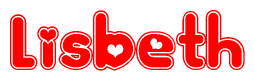 The image is a red and white graphic with the word Lisbeth written in a decorative script. Each letter in  is contained within its own outlined bubble-like shape. Inside each letter, there is a white heart symbol.