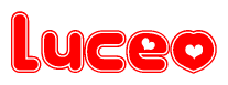 The image is a red and white graphic with the word Luceo written in a decorative script. Each letter in  is contained within its own outlined bubble-like shape. Inside each letter, there is a white heart symbol.