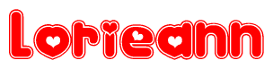 The image is a clipart featuring the word Lorieann written in a stylized font with a heart shape replacing inserted into the center of each letter. The color scheme of the text and hearts is red with a light outline.