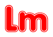 The image is a red and white graphic with the word Lm written in a decorative script. Each letter in  is contained within its own outlined bubble-like shape. Inside each letter, there is a white heart symbol.