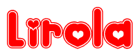 The image is a red and white graphic with the word Lirola written in a decorative script. Each letter in  is contained within its own outlined bubble-like shape. Inside each letter, there is a white heart symbol.