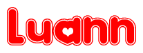 The image is a red and white graphic with the word Luann written in a decorative script. Each letter in  is contained within its own outlined bubble-like shape. Inside each letter, there is a white heart symbol.