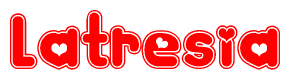 The image is a clipart featuring the word Latresia written in a stylized font with a heart shape replacing inserted into the center of each letter. The color scheme of the text and hearts is red with a light outline.