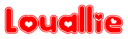 The image is a red and white graphic with the word Louallie written in a decorative script. Each letter in  is contained within its own outlined bubble-like shape. Inside each letter, there is a white heart symbol.