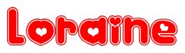 The image is a red and white graphic with the word Loraine written in a decorative script. Each letter in  is contained within its own outlined bubble-like shape. Inside each letter, there is a white heart symbol.