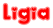 The image is a clipart featuring the word Ligia written in a stylized font with a heart shape replacing inserted into the center of each letter. The color scheme of the text and hearts is red with a light outline.