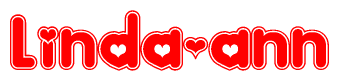 The image is a red and white graphic with the word Linda-ann written in a decorative script. Each letter in  is contained within its own outlined bubble-like shape. Inside each letter, there is a white heart symbol.