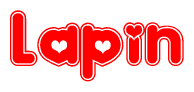 The image is a red and white graphic with the word Lapin written in a decorative script. Each letter in  is contained within its own outlined bubble-like shape. Inside each letter, there is a white heart symbol.