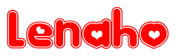 The image is a red and white graphic with the word Lenaho written in a decorative script. Each letter in  is contained within its own outlined bubble-like shape. Inside each letter, there is a white heart symbol.
