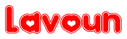 The image is a red and white graphic with the word Lavoun written in a decorative script. Each letter in  is contained within its own outlined bubble-like shape. Inside each letter, there is a white heart symbol.