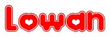 The image displays the word Lowan written in a stylized red font with hearts inside the letters.
