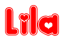 The image is a clipart featuring the word Lila written in a stylized font with a heart shape replacing inserted into the center of each letter. The color scheme of the text and hearts is red with a light outline.