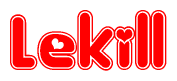 The image is a red and white graphic with the word Lekill written in a decorative script. Each letter in  is contained within its own outlined bubble-like shape. Inside each letter, there is a white heart symbol.