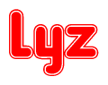 The image is a red and white graphic with the word Lyz written in a decorative script. Each letter in  is contained within its own outlined bubble-like shape. Inside each letter, there is a white heart symbol.