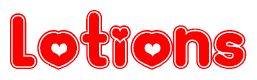 The image displays the word Lotions written in a stylized red font with hearts inside the letters.