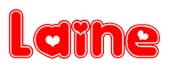 The image is a red and white graphic with the word Laine written in a decorative script. Each letter in  is contained within its own outlined bubble-like shape. Inside each letter, there is a white heart symbol.