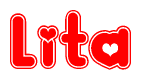 The image is a red and white graphic with the word Lita written in a decorative script. Each letter in  is contained within its own outlined bubble-like shape. Inside each letter, there is a white heart symbol.