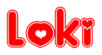 The image displays the word Loki written in a stylized red font with hearts inside the letters.