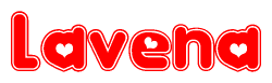 The image is a red and white graphic with the word Lavena written in a decorative script. Each letter in  is contained within its own outlined bubble-like shape. Inside each letter, there is a white heart symbol.