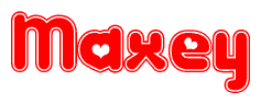 The image is a clipart featuring the word Maxey written in a stylized font with a heart shape replacing inserted into the center of each letter. The color scheme of the text and hearts is red with a light outline.