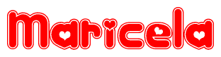 The image is a red and white graphic with the word Maricela written in a decorative script. Each letter in  is contained within its own outlined bubble-like shape. Inside each letter, there is a white heart symbol.