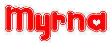 The image is a clipart featuring the word Myrna written in a stylized font with a heart shape replacing inserted into the center of each letter. The color scheme of the text and hearts is red with a light outline.