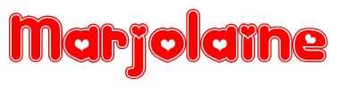 The image is a red and white graphic with the word Marjolaine written in a decorative script. Each letter in  is contained within its own outlined bubble-like shape. Inside each letter, there is a white heart symbol.
