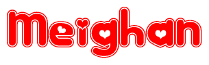 The image displays the word Meighan written in a stylized red font with hearts inside the letters.