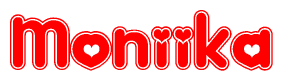 The image displays the word Moniika written in a stylized red font with hearts inside the letters.