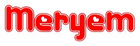 The image is a clipart featuring the word Meryem written in a stylized font with a heart shape replacing inserted into the center of each letter. The color scheme of the text and hearts is red with a light outline.