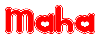 The image displays the word Maha written in a stylized red font with hearts inside the letters.