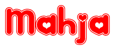 The image is a red and white graphic with the word Mahja written in a decorative script. Each letter in  is contained within its own outlined bubble-like shape. Inside each letter, there is a white heart symbol.