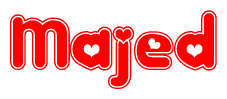 The image is a clipart featuring the word Majed written in a stylized font with a heart shape replacing inserted into the center of each letter. The color scheme of the text and hearts is red with a light outline.