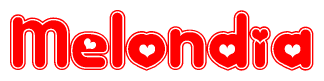 The image displays the word Melondia written in a stylized red font with hearts inside the letters.