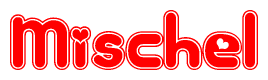 The image is a clipart featuring the word Mischel written in a stylized font with a heart shape replacing inserted into the center of each letter. The color scheme of the text and hearts is red with a light outline.