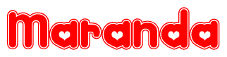 The image is a red and white graphic with the word Maranda written in a decorative script. Each letter in  is contained within its own outlined bubble-like shape. Inside each letter, there is a white heart symbol.