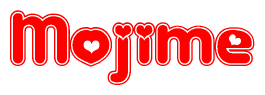 The image is a clipart featuring the word Mojime written in a stylized font with a heart shape replacing inserted into the center of each letter. The color scheme of the text and hearts is red with a light outline.