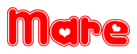 The image is a red and white graphic with the word Mare written in a decorative script. Each letter in  is contained within its own outlined bubble-like shape. Inside each letter, there is a white heart symbol.